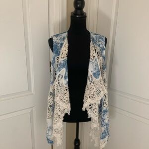Chico’s Bohemian Blue and Cream “Crochet Look” Lace Vest